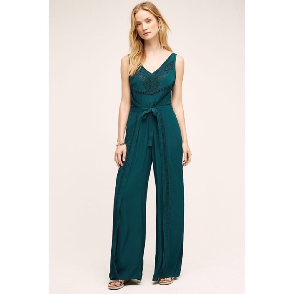 Anthropologie Teal V-Neck Wide-Leg Jumpsuit